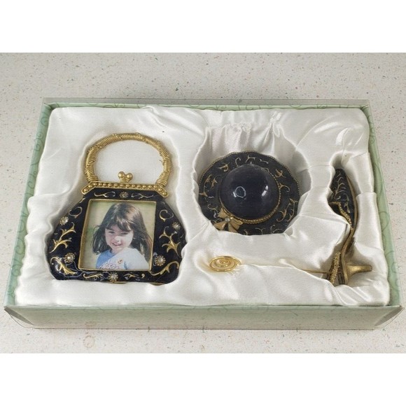 Trinket Hat Jewelry Box Photo Frame & Shoe Photo Holder Gift Set Pewter - Picture 1 of 16